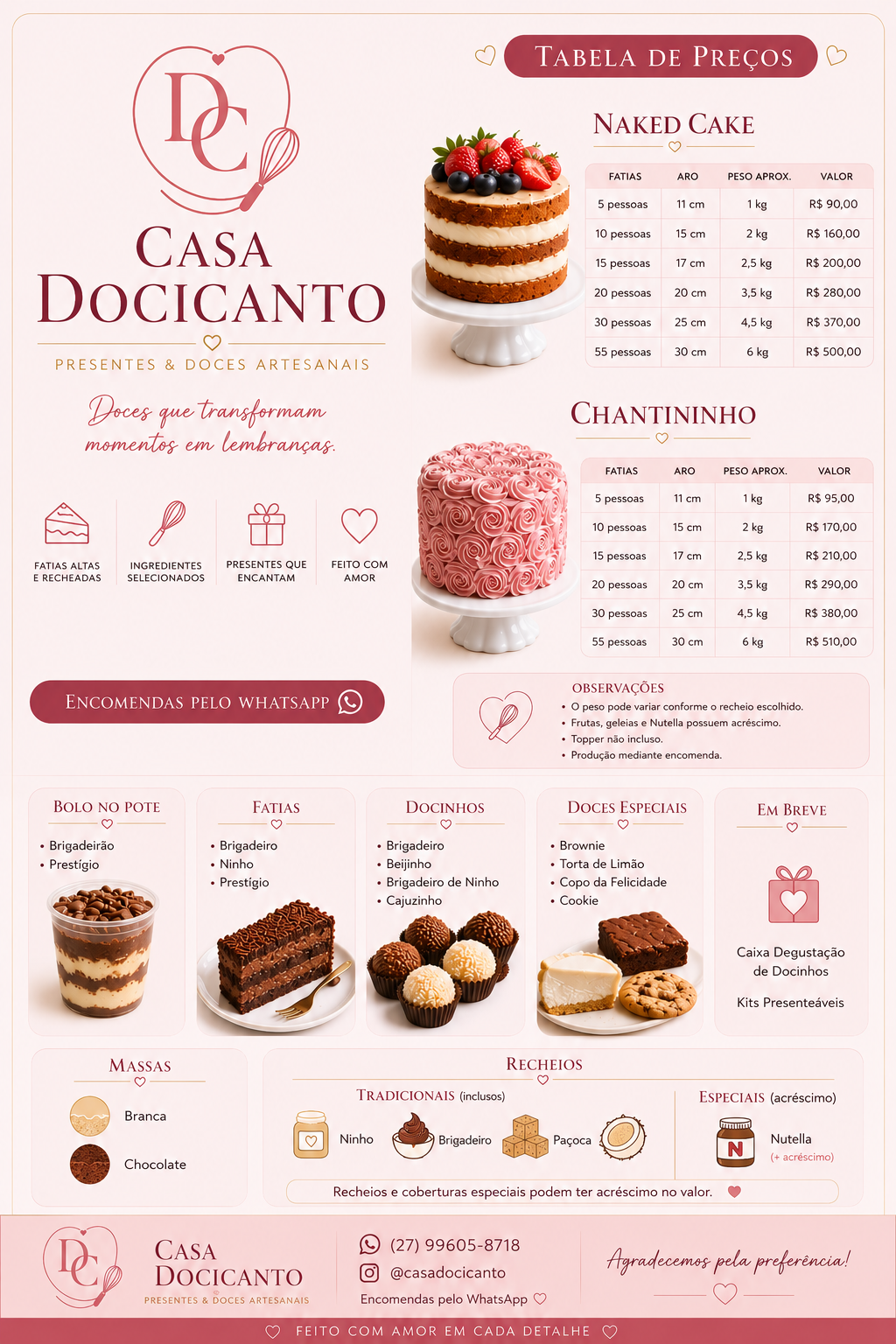 Cardápio Casa Docicanto com produtos, sabores e valores